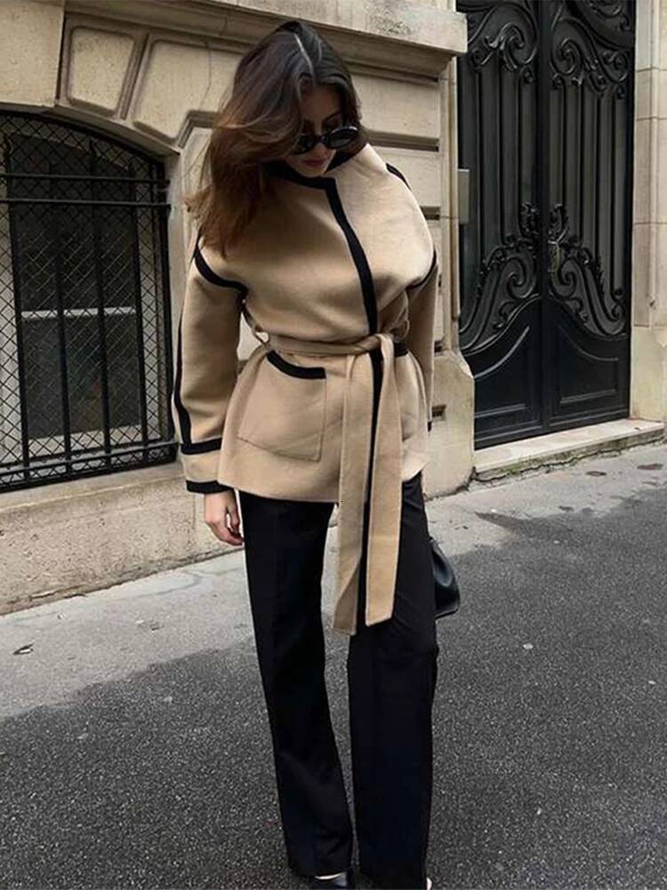 Fashion Spliced Girdle Coat For Long Sleeve Thicken Jackets 2024 Women New Elegant Autumn Winter Warm Clothing