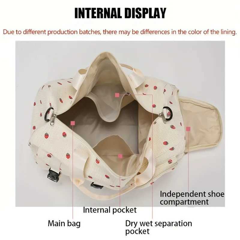Large Capacity Travel Duffel Bag with Strawberry Pattern Wet/Dry Separation Independent Shoe Compartment Multiple Pockets W250618