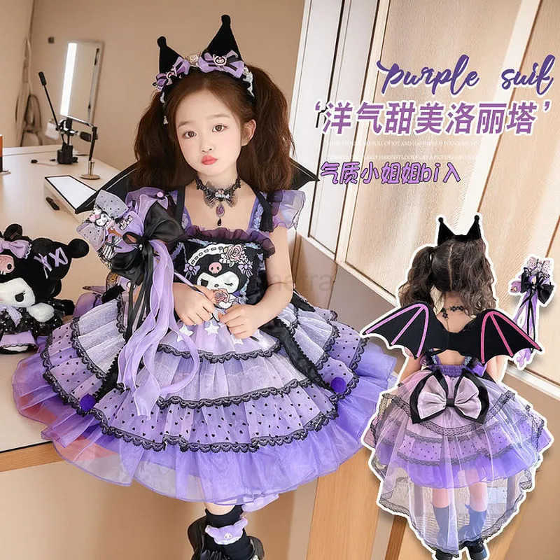 Sanrio Girls Kuromi Lolita Dress Princess Skirt Spring Summer Slip Dress Headband Wings Necklace Children Party Dress Cosplay CostumeXJ250618