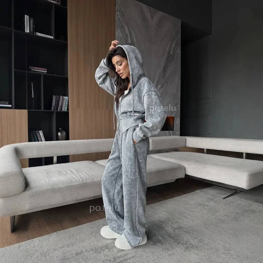 Cross-Border Waterproof Distressed Sweatshirtsuit Women's Long Sleeve Zip-Up Hooded Top Straight-Leg High-Waisted Casual