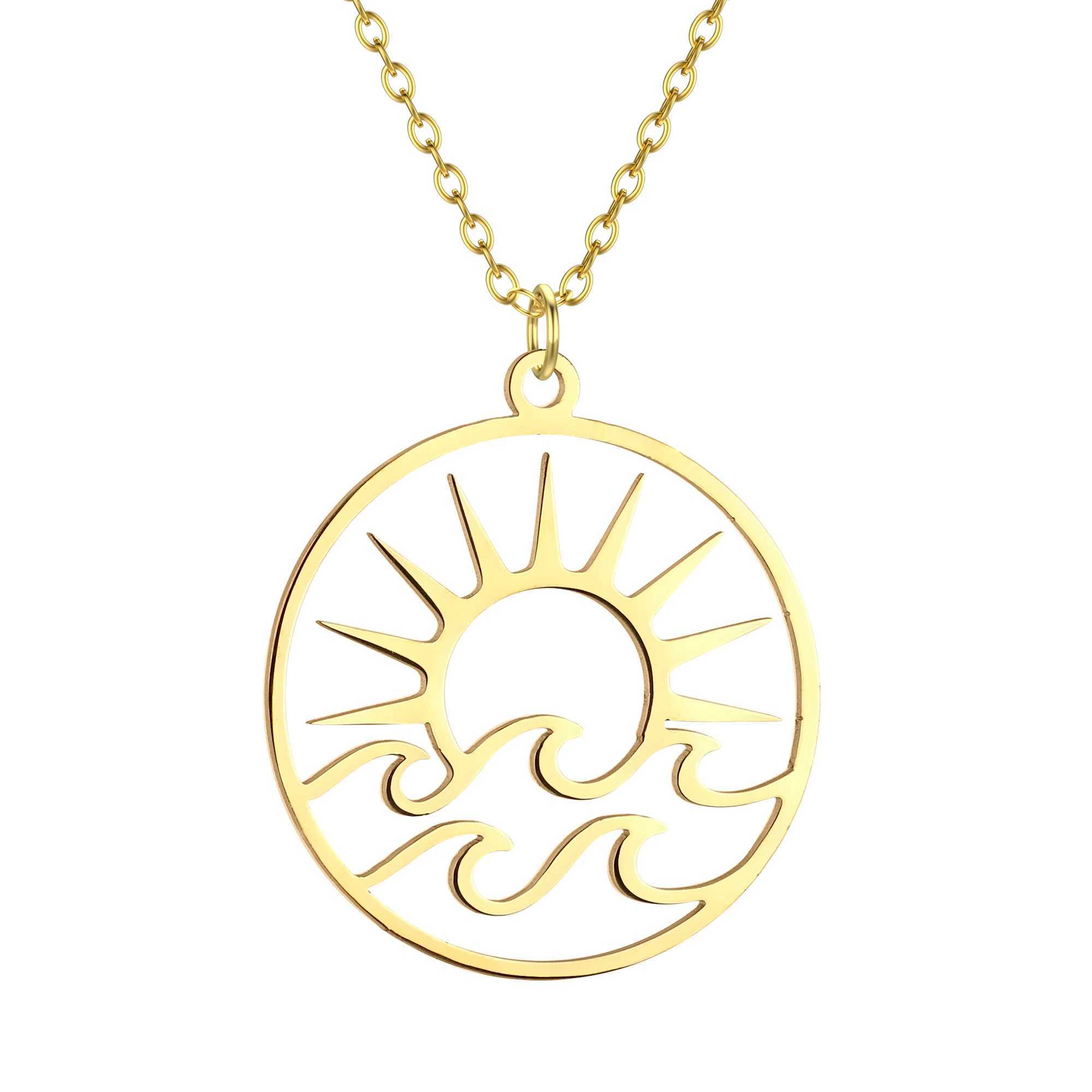 Kinitial Exquisite Fashion Earrings Openwork Sun Pendant with Waves Openwork Sun and Waves Necklace Birthday Gift for Lovers W250618