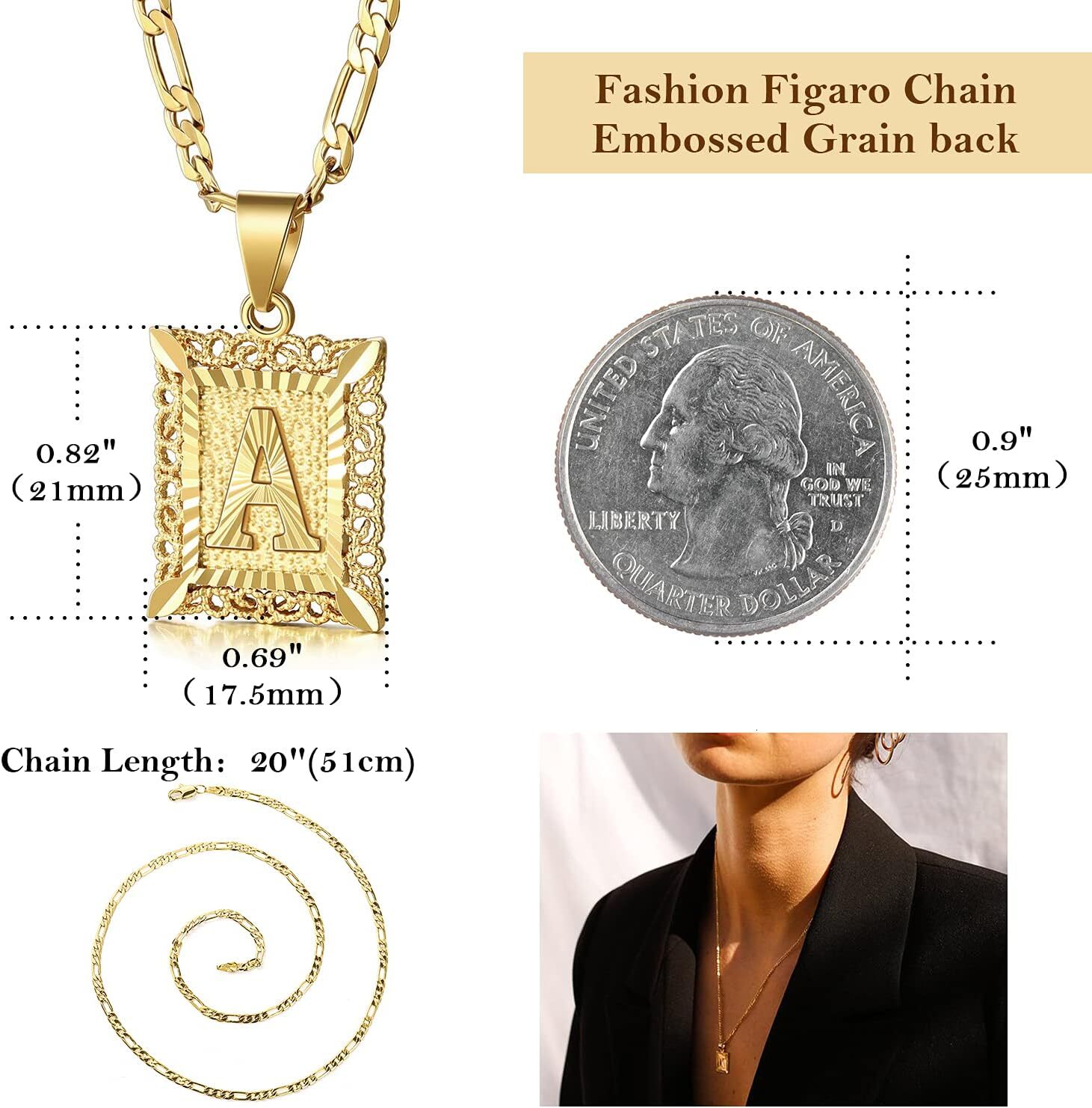 Luxury Unisex Initial Pendant Necklace 18K Gold Plated Square Capital Letter Interwoven Design A-Z Alphabet Charms on Premium Figaro Chain