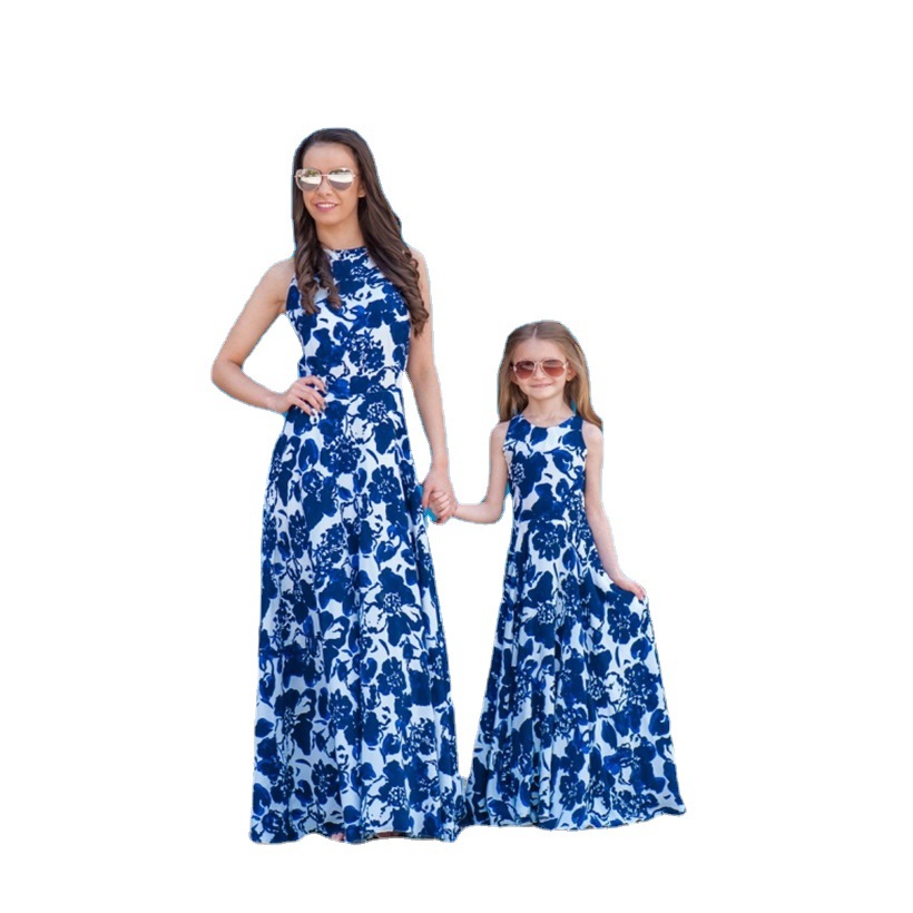 European and American parent-child long dress, summer sleeveless new blue and white porcelain dress long style high waist big swing mother and woman s