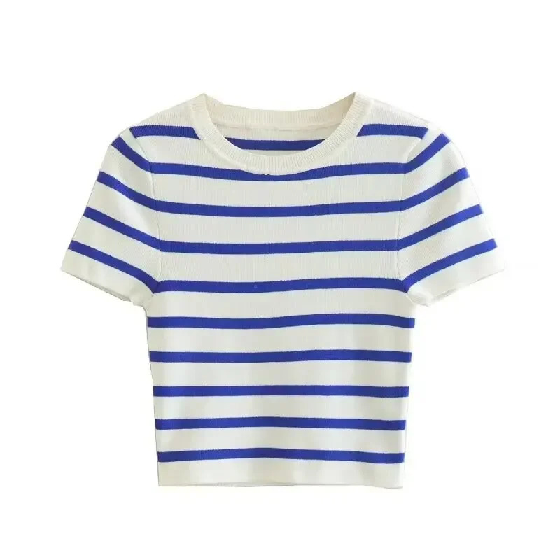 Vintage Women Y2K Stripped Cropped T-shirts for Girls Slim Knitted Short Tees Sweet Tops Chic Clothes 250618