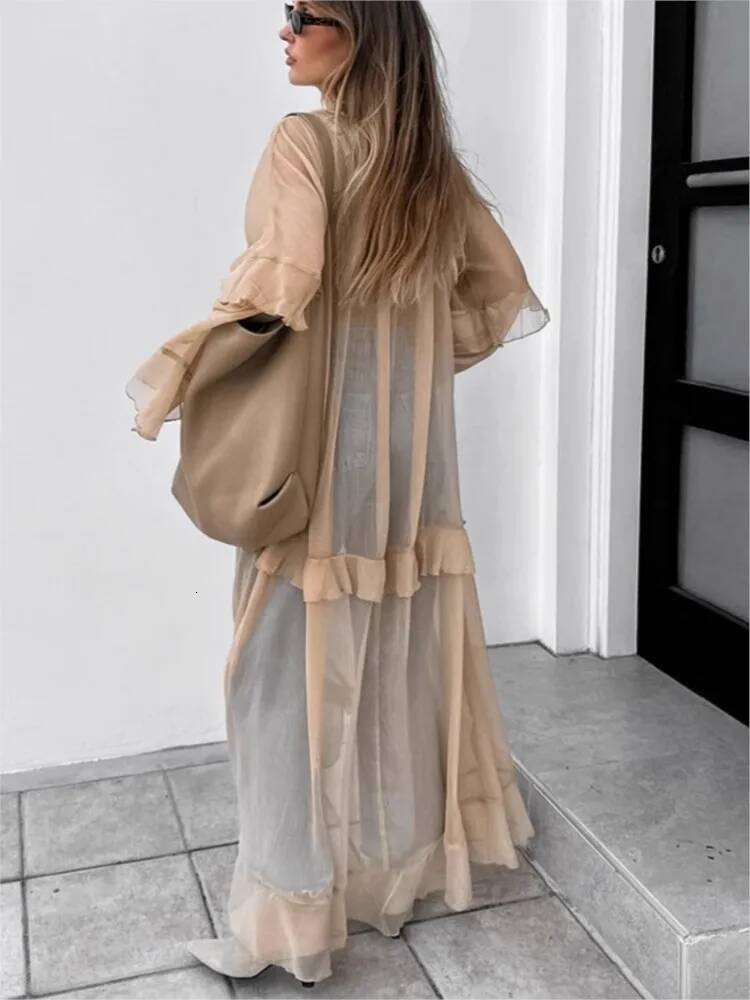 Fashion Ruffle Edge Dress Women Summer 2025 New Khaki Batwing Sleeve Loose Sun Protection Cover Long Dresses Female High Street