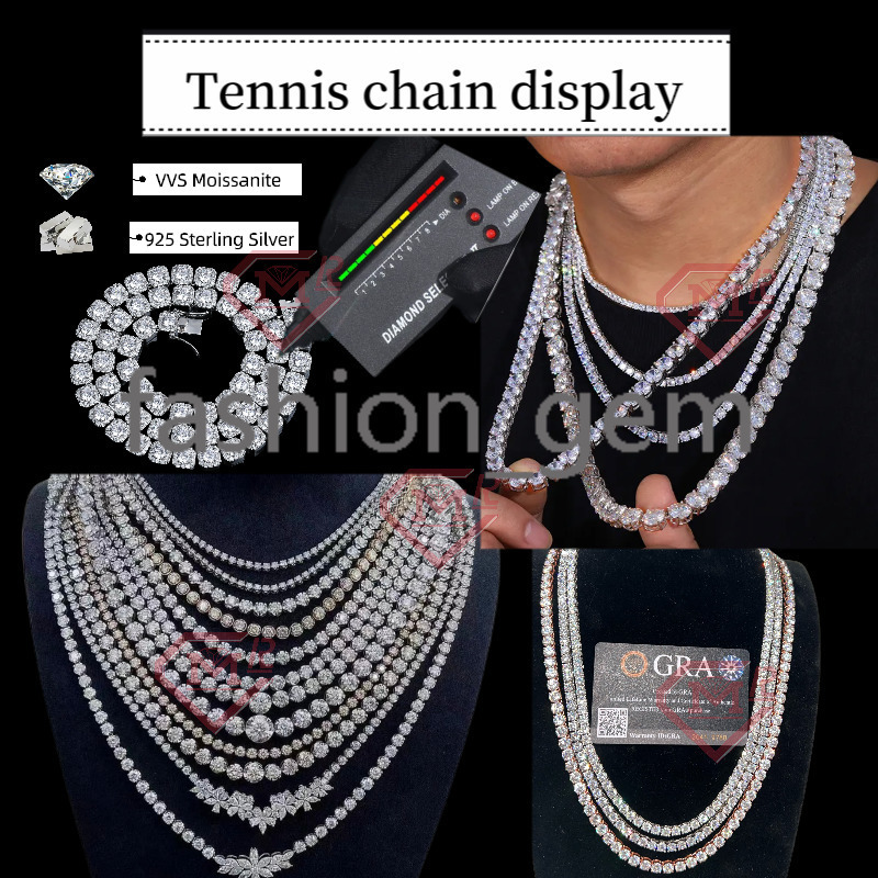 Hiphop Tennis Bracelet 4mm Women Men 925 Sterling Silver Iced Out VVS Moissanite Tennis Chain