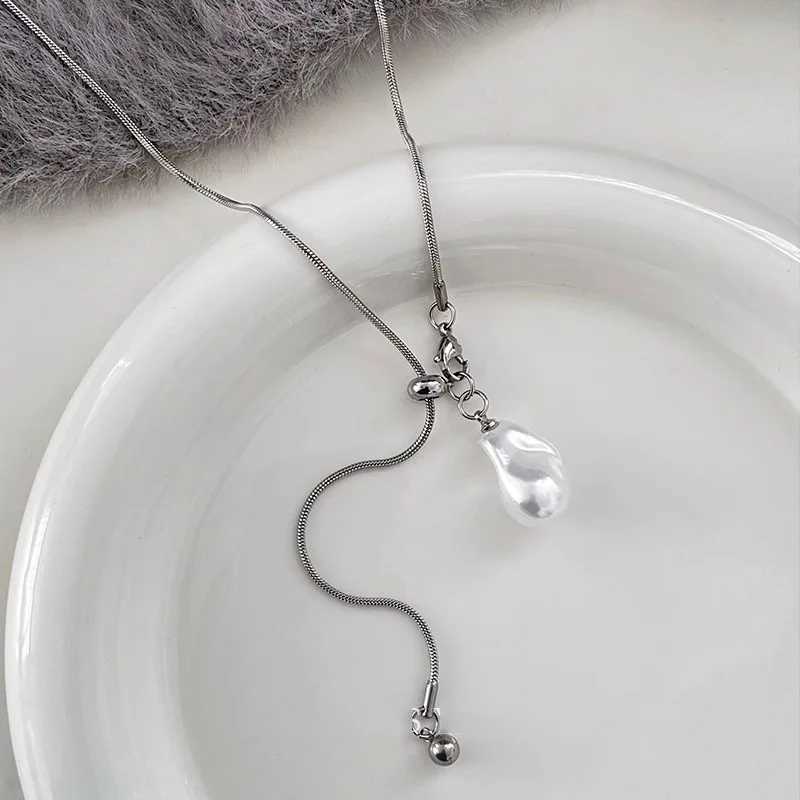 LATS Stainless Steel Long Necklace with Baroque Pearls for Women Adjustable Chain Sweater Accessories Fashion Jewelry W250618