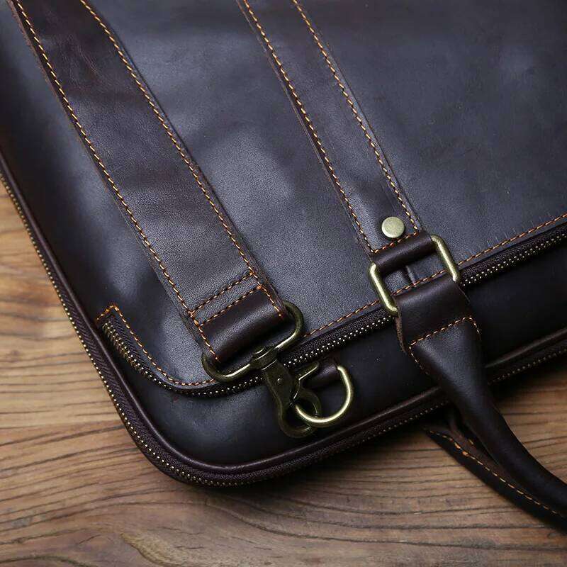 NZPJ Vintage Handmade Leather Handbag Top Layer Cowhide Large-Capacity Business Computer Men's Shoulder Diagonal Bag
