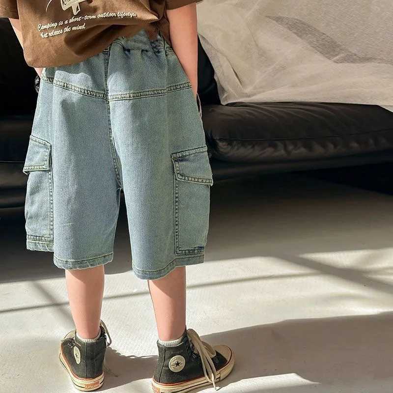 Kids Boys Cargo Denim Pants for Summer Dark Blue/Light Blue Big Pocket Loose Wide Leg Shorts Casual Children Short Pants A24607C250617