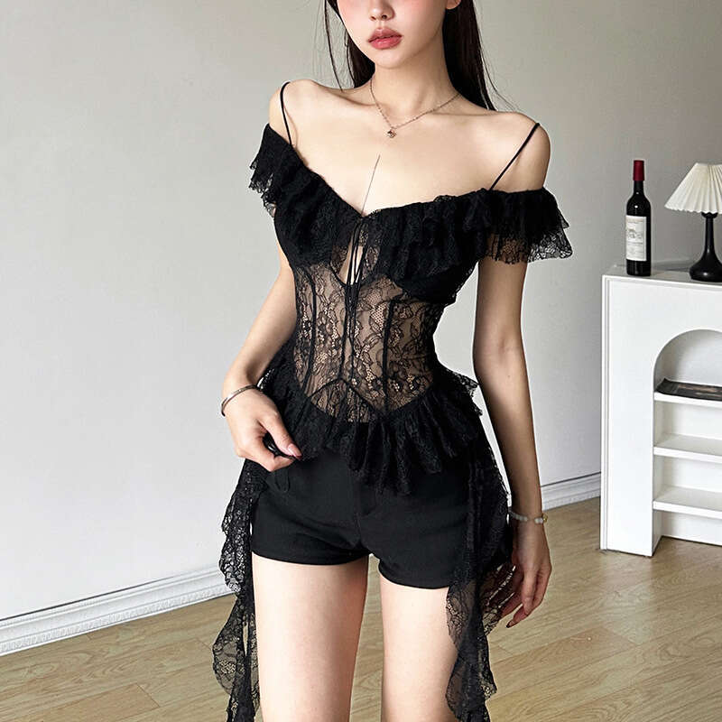 Spring New Women's Solid Color Slim Fit Street Fashion Off-Shoulder Strap Short Sleeve Top B5