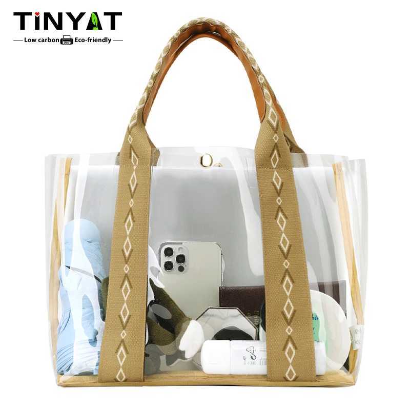 TINYAT Khaki Bohen Style Clear PVC Tote Bag for Wen Transparent Shopper Cluh Purse for Daily Use and Music Fivals B250618