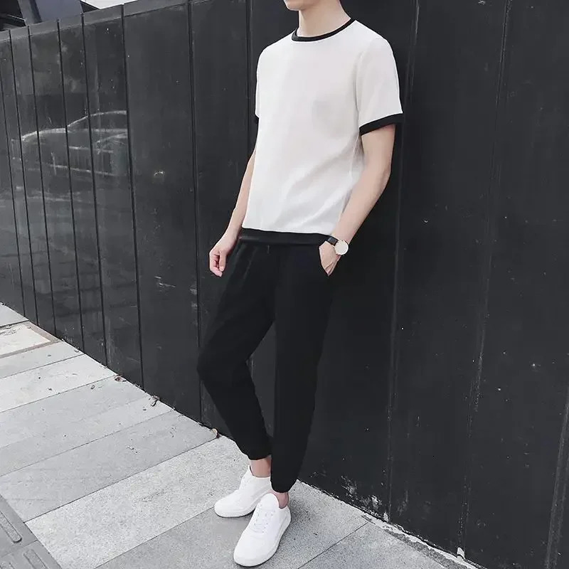 Male T Shirt Trousers Sets Sweatshirts Plain Tracksuit Mens Pants Set Sweatsuit Offer Premium Casual Elastic Tee Stylish 250617