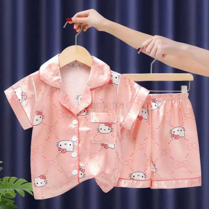 Sanrio PJ Girl Ice Silk Short Sleeve Cardigan Sweet Cute Cartoon Sleepwear Pajamas Robe Childrens Clothing Mother Kids XJ250618XJ250618
