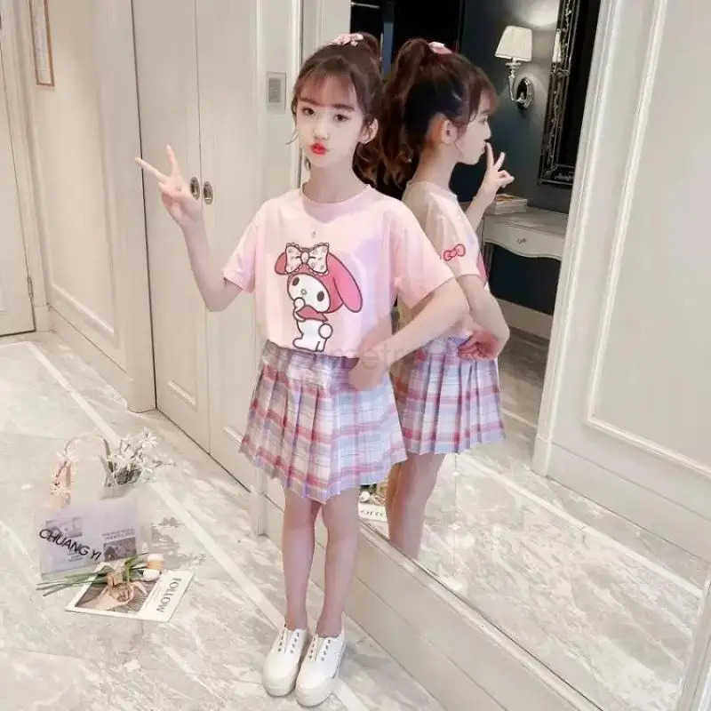 Sanrio Girl Sanrios Child Suit Summer Clothing Student Anime Round Collar T-Shirt Lattice Short Skirt Cartoon Two-Piece Set KawaiiXJ250618
