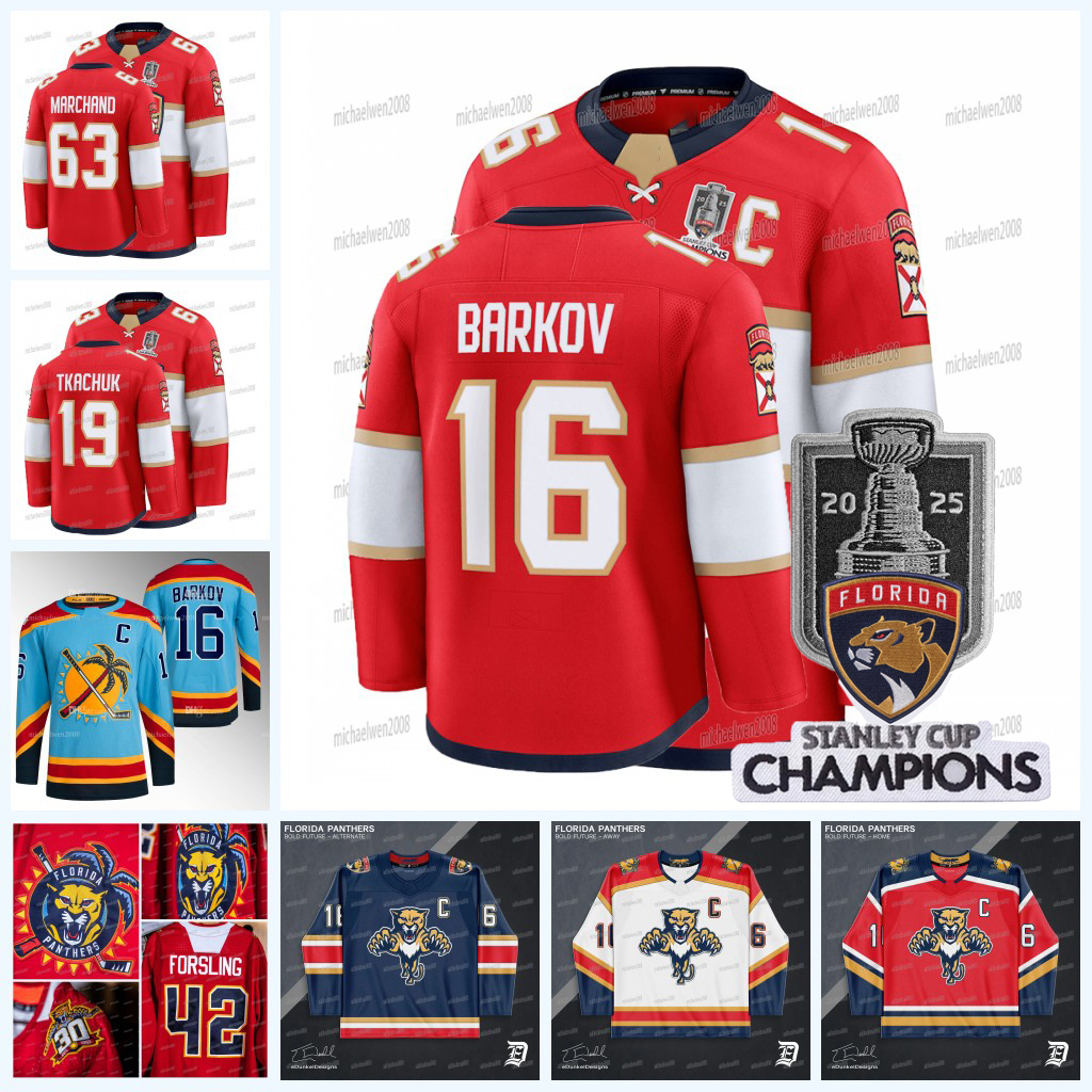 Floridas Panthers 2025 Stanley Cup Champion Hockey Jersey Matthew Tkachuk Brad Marchand Aleksander Barkov Verhaegh Forsling Sergei Bobrovsky Youth