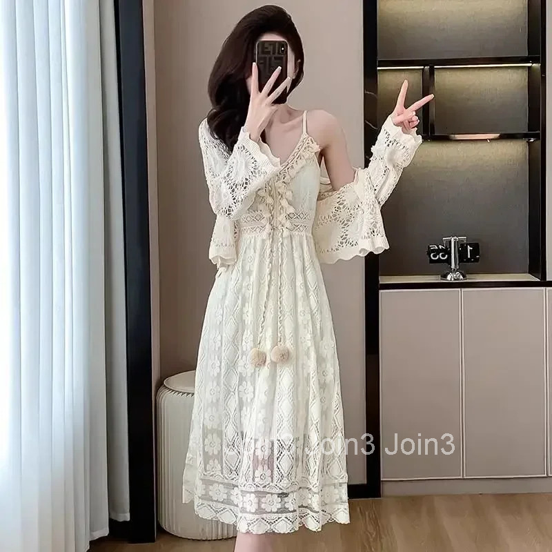 Female Dress Hollow Vintage Chic and Elegant Pretty High Quality Womens Long Sleeve Dresses Luxury Cheap Casual Elastic Party G
