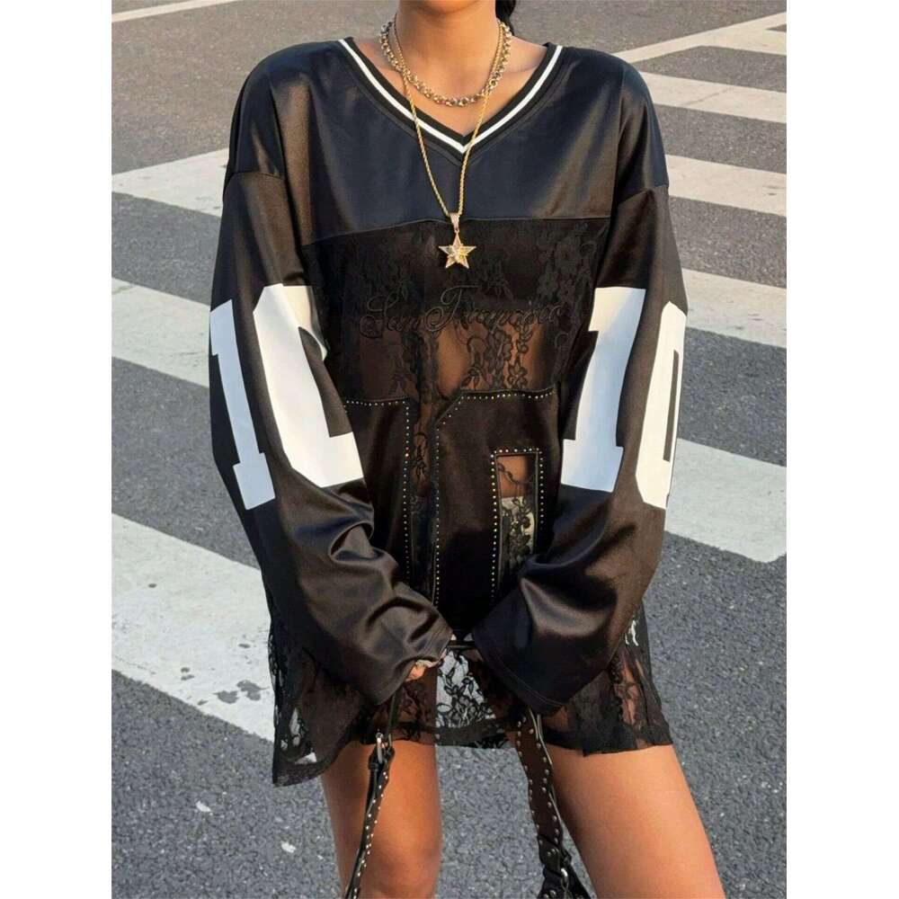 Summer New Women's Fashion Personality Trendy Printed Lace Sheer V-Neck Sweatshirt B5