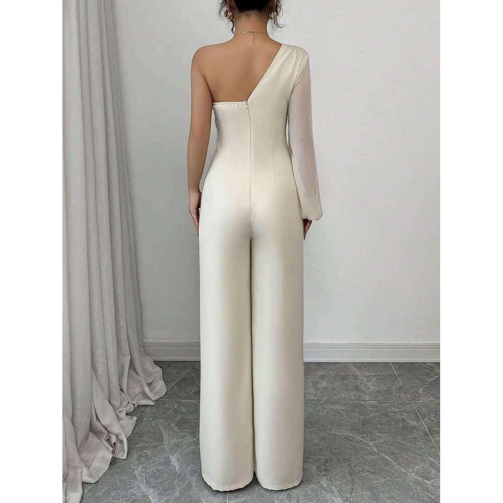 Wear Elegant One-Shoulder Single Long-Sleeved Half Strapless Half-Backed Half-Edged Chiffon Spring And Summer Ladies Jumpsuit