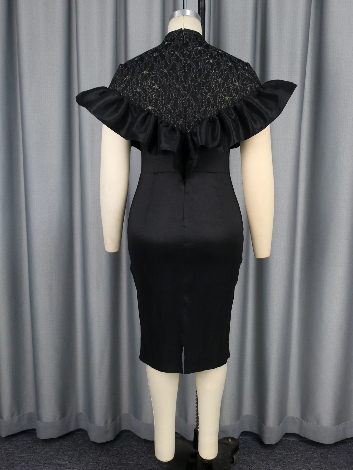 Black Vintage Dress Women's Lace Ruffles Batwing Sleeve Bodycon Evening Party Church Wedding Guest