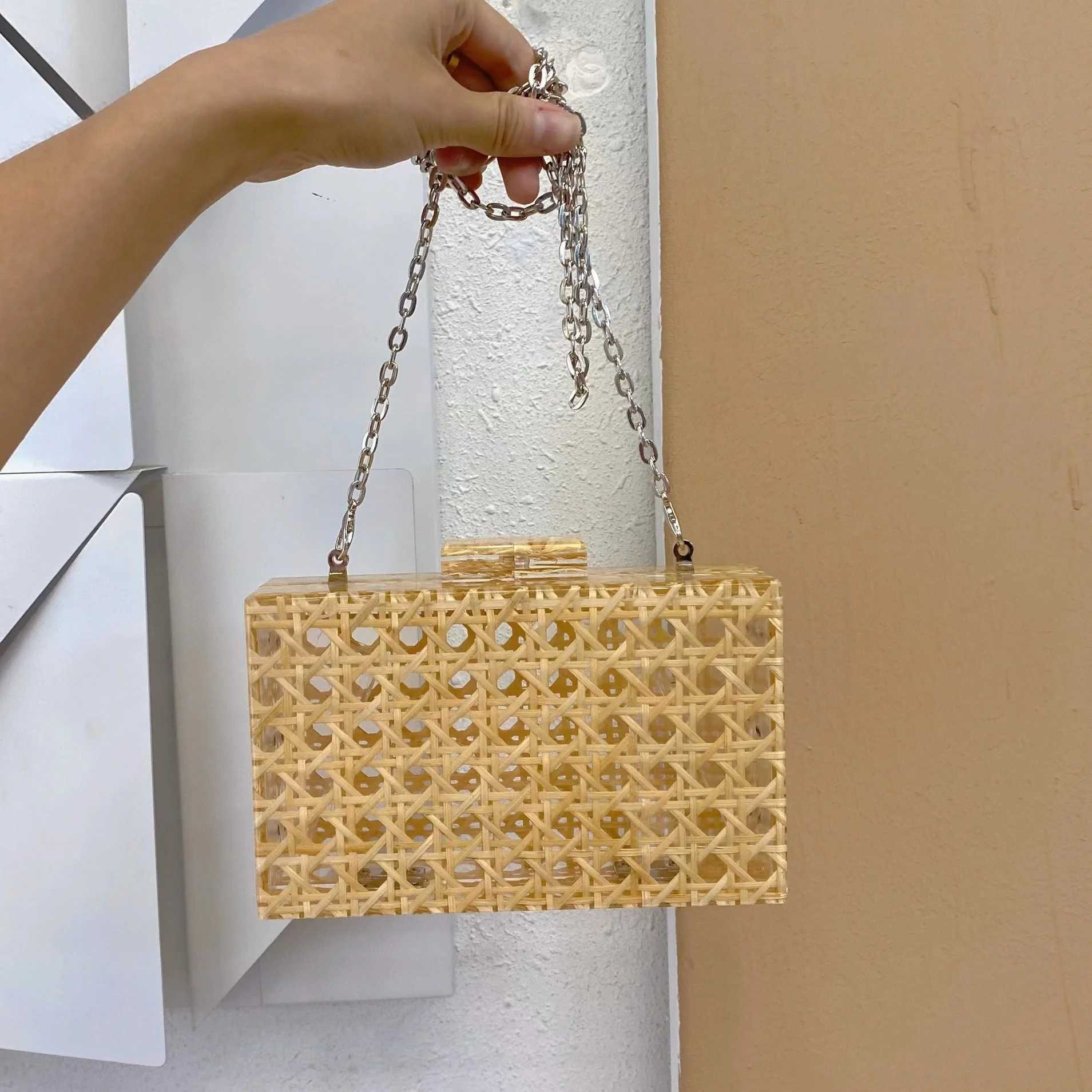 Women Rattan Acrylic Box Cane Bag Evening Clutch Wedding Party Purses Summer Wicker Handbags Designer High Quality Womens Bag Z250618