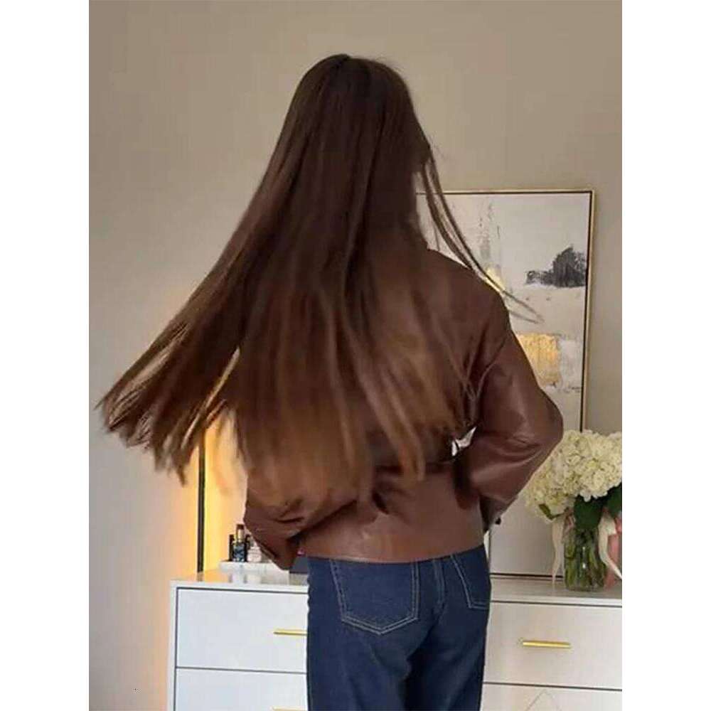Street Brown Pu Leather Short Jacket Women Wind Loose Lapel Single Breasted Jackets Sashes Female Chic Versatile Coat