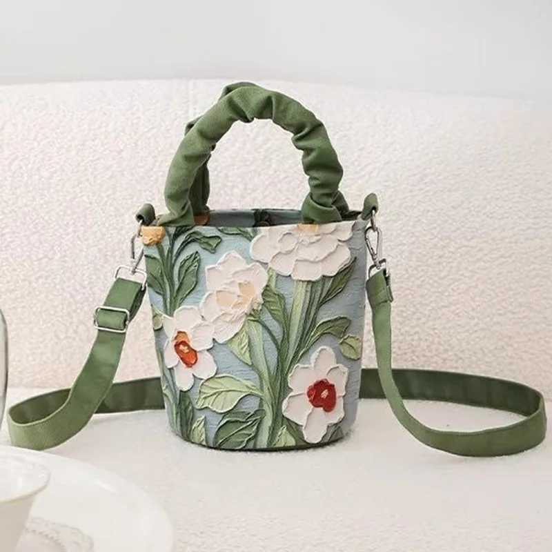 Oil Painting Flower Advanced Feeling Crossbody Handle Bucket Bag Womens Bag Korean Illustration Literary Watercolor Creative Z250618