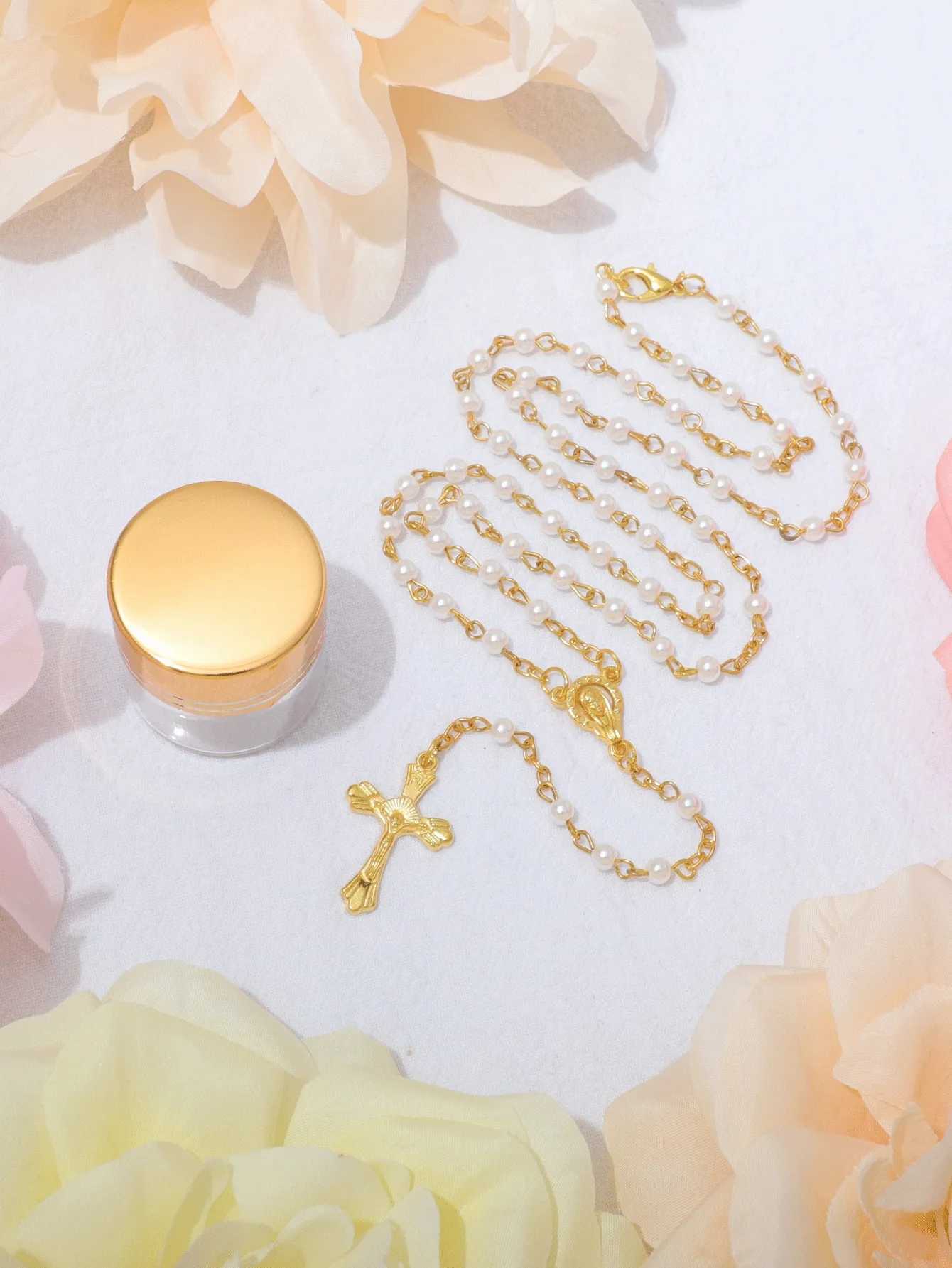 White MeDitation Beaded Chain Religious Prayer Medal Rosary Necklace Crucifix Cross ChAPlet Jewelry Gift W250618