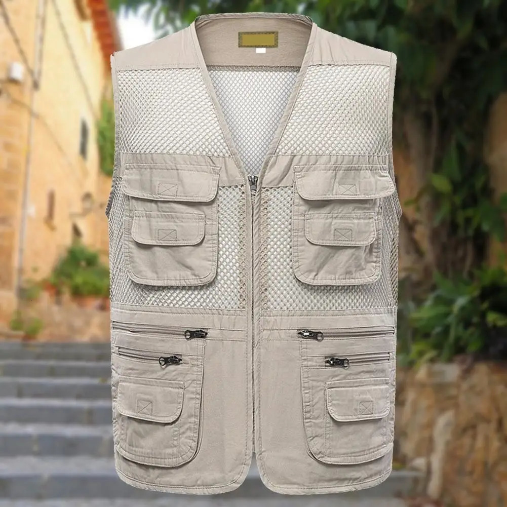 Summer Men Vest Coat Hollow Out Mesh Zipper Closure Multi-pocket Men Jacket Lightweight Sleeveless Male Waistcoat For Work Wear 250617