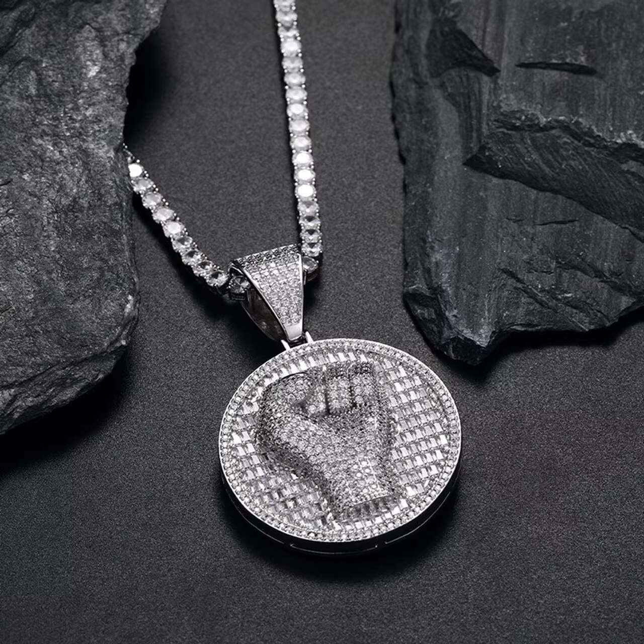 Luxury Streetwear Style for Him: Glittering 3D 'Power Fist' Design Engrailed Pendant