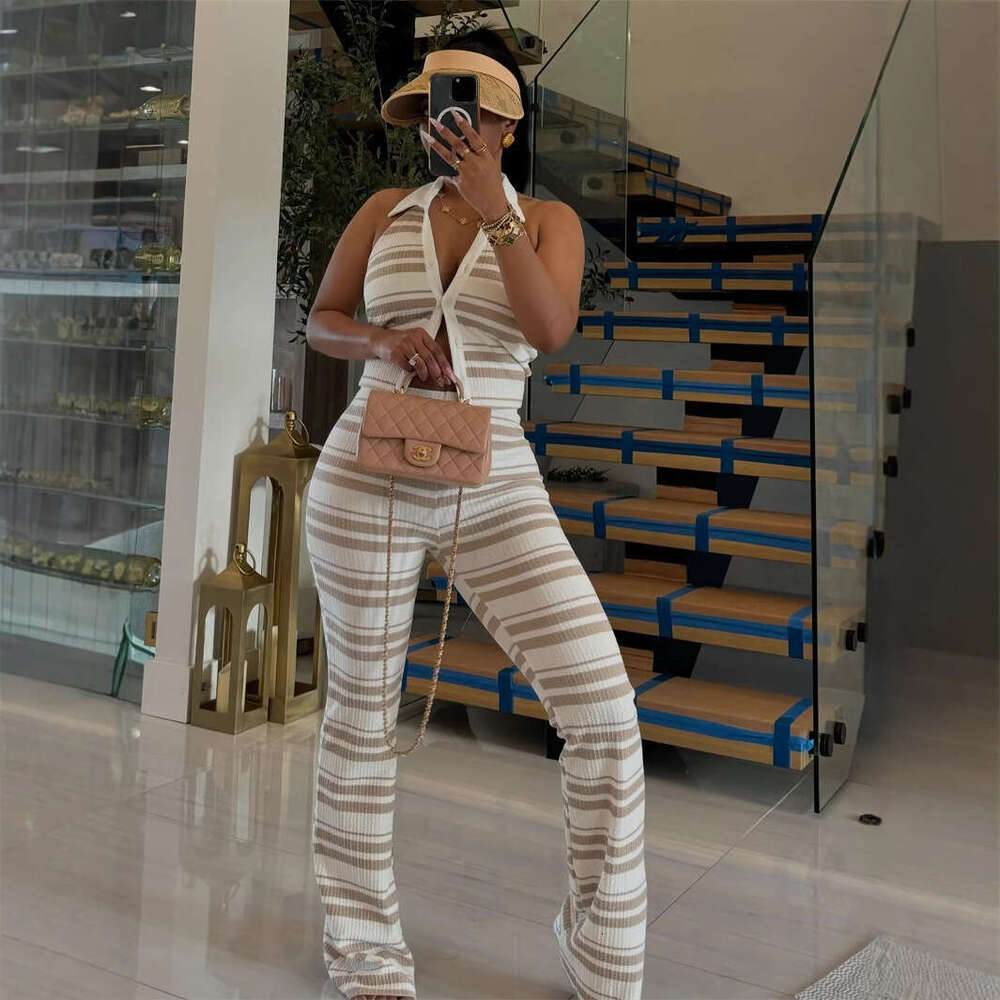 Summer New Women's Casual Shirt Collar Sleeveless Top Waist-Hugging Long Pants Set B5