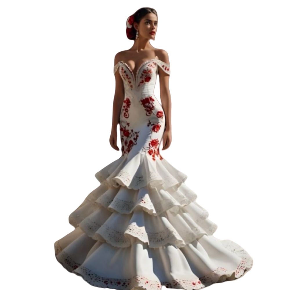 Elegant Mermaid Evening Dresses Ruffles Tiered White And Red Reception Gown Floral Lace Applique Flamenco Prom Dress