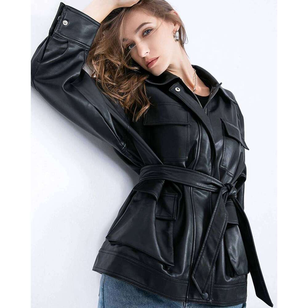 Fitaylor Women PU Jacket Vintage Lapel Zipper Faux Leather Coat High Street Motorcycle Outwear with Belt