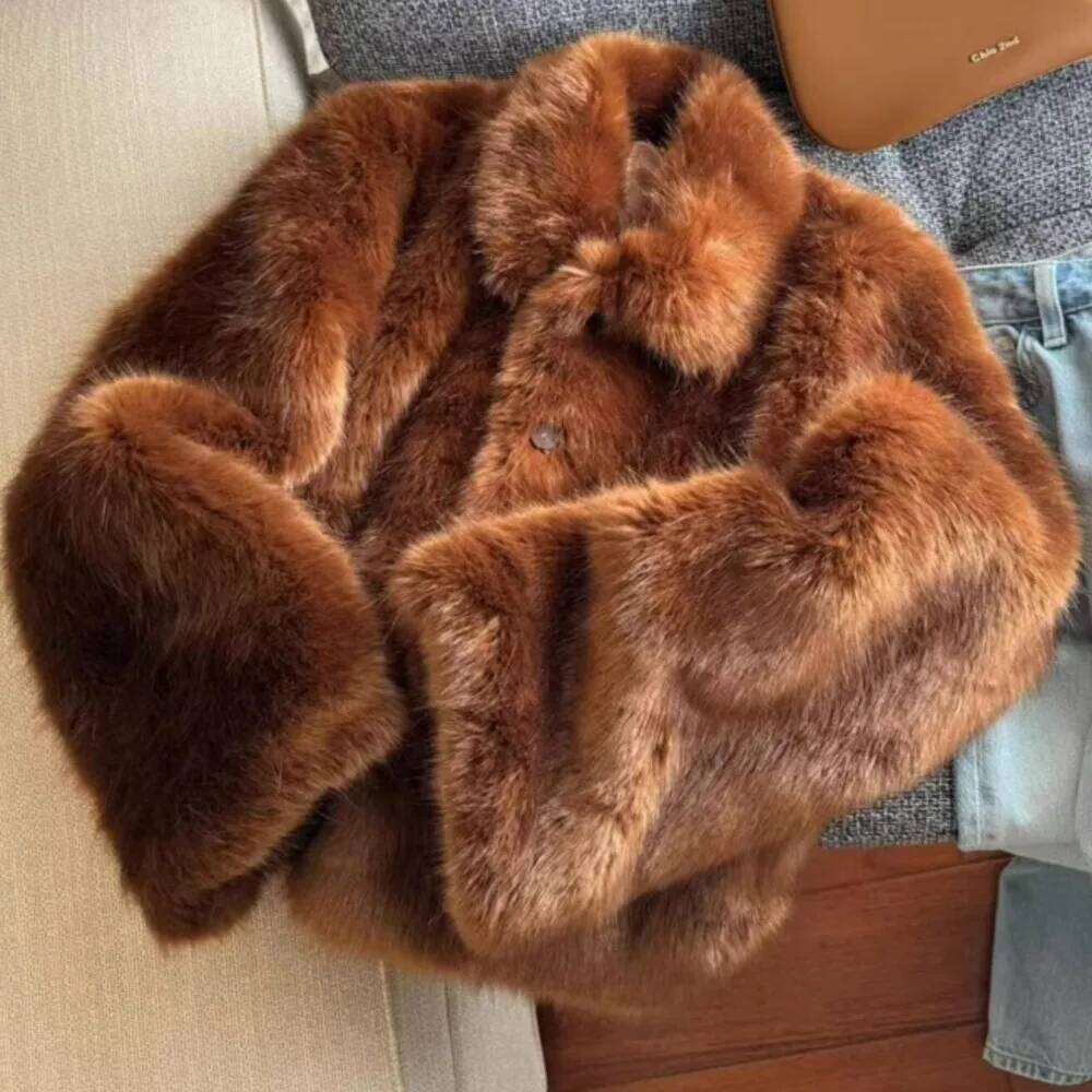 Winter Brownorange Turn down Collar Lapel Hairy Shaggy Faux Fur Coat Women Covered Buttons Full Sleeve Furry Short Outerwear