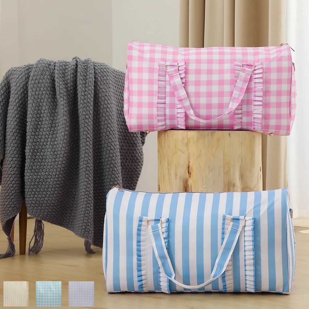 Nylon Duffel Bag Women Ruffle Duffle Gingham Weekend Sports Overnight Travel Vacation Gift Stripe Detachable Adjustable Strap W250618