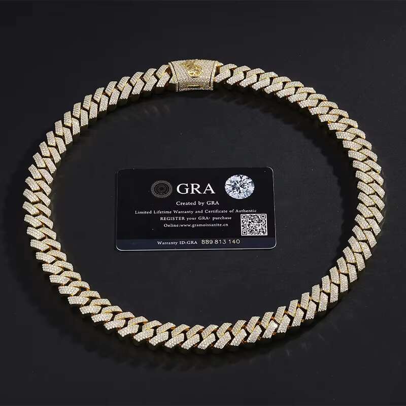 Hip Hop Jewelry Custom VVS Lab Diamond Mossinate Chain Men 14k Gold Vermeil 15mm Prong Cuban Link Chain Moissanite