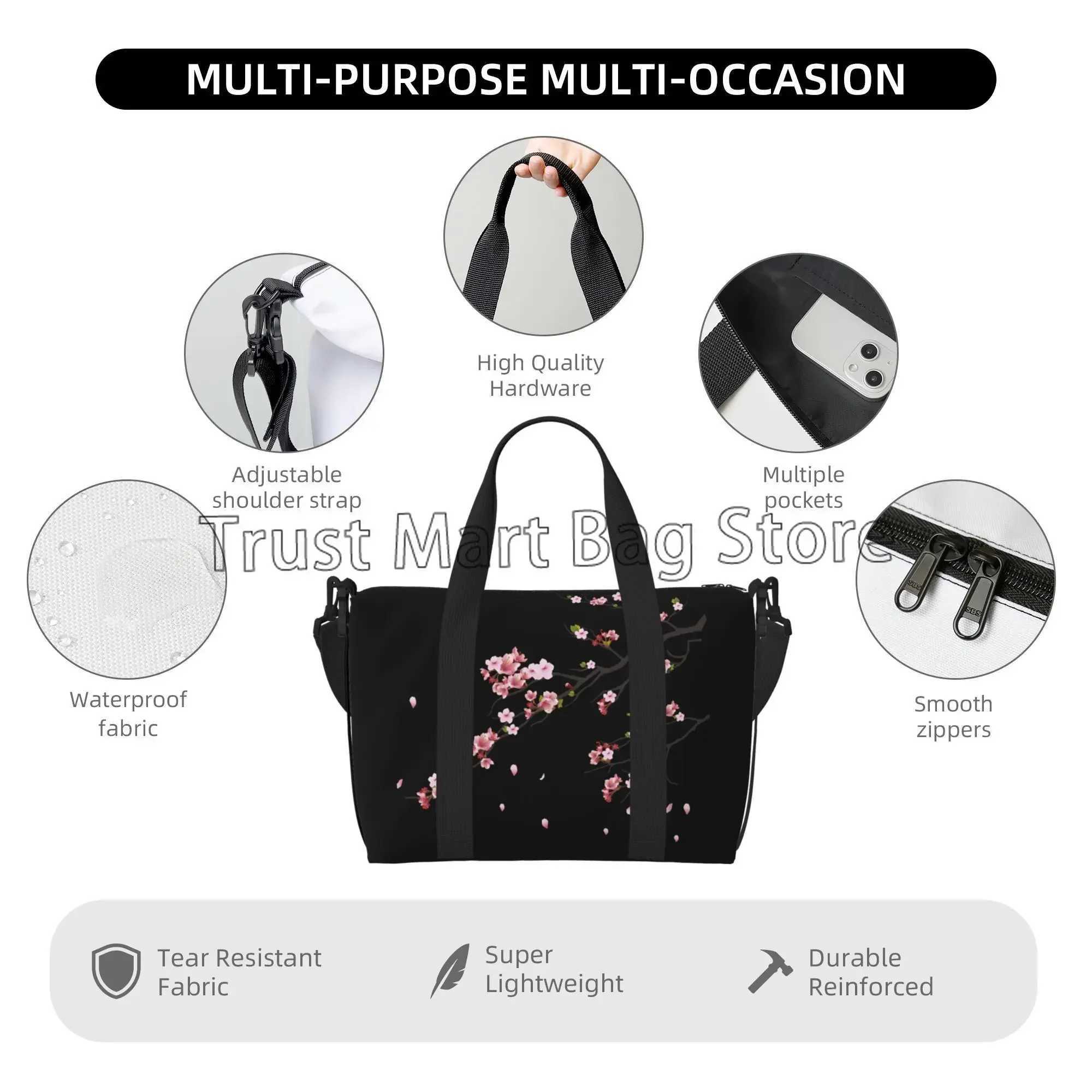 Japanese Sakura Cherry Blossoms Black Travel Bag Women Weekender Overnight Bags Unisex Casual Waterproof Luggage Bag W250618