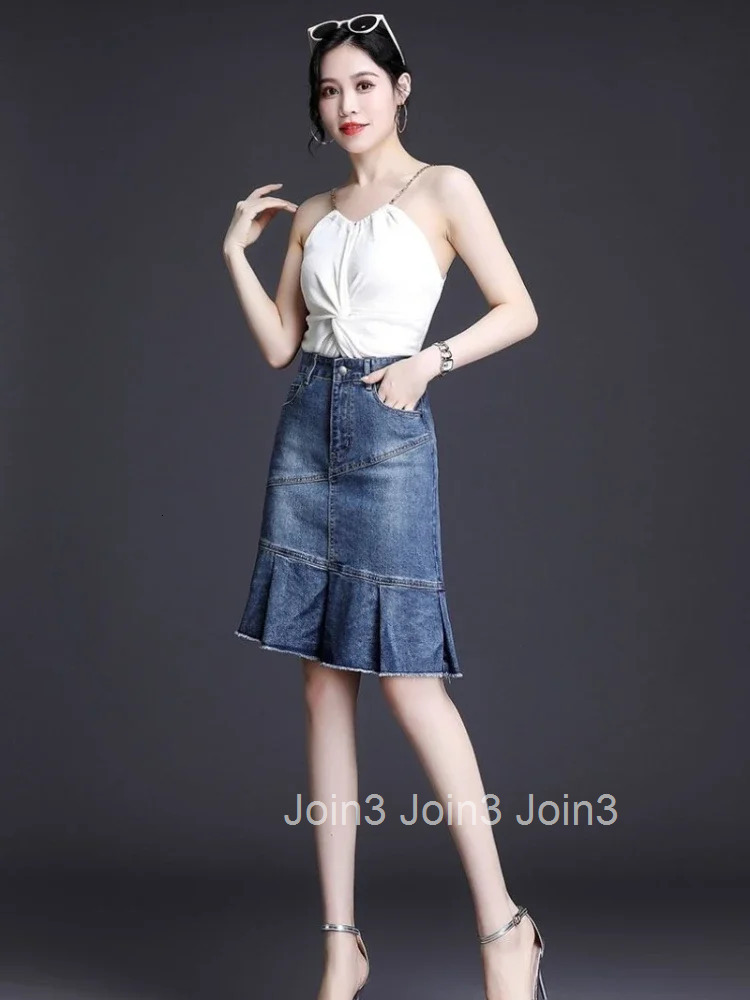 With Pocket Ruffle Womens Denim Skirt Zipper Blue Midi Chubby To Knees Length Female Jeans Skirts High Waist Y2k Vintage Cheap