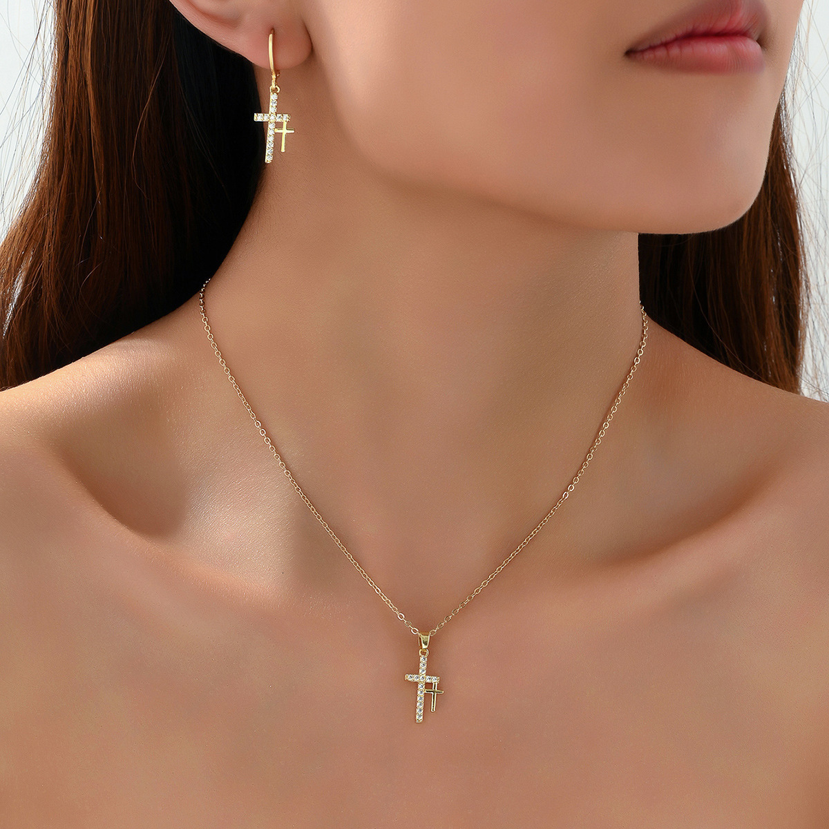 Cross and Earring Light Inlaid Zircon Design Necklace Set Clavicle Chain