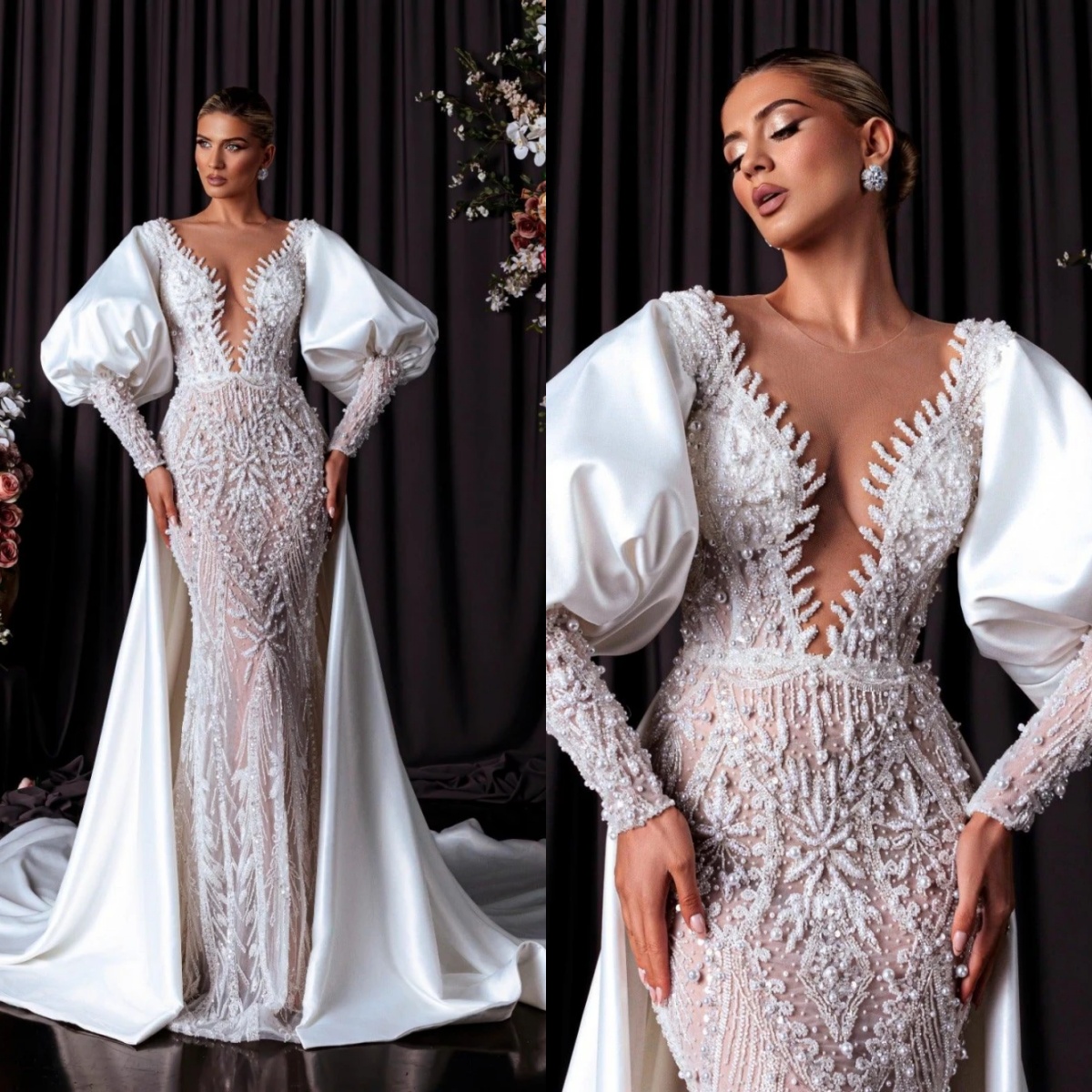 Gorgeous Mermaid Wedding Dress Sheer Neck Long Sleeves Bridal Gowns Pearls Appliques Detachable Train Dresses Custom Made vestidos de novia
