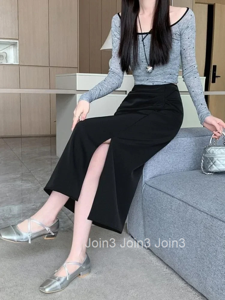 Wrap Tight Midi Skirts for Women with Slit High Waist Aesthetic Premium Casual Korean Style Y2k Vintage Cheap Modest Woman Skirt