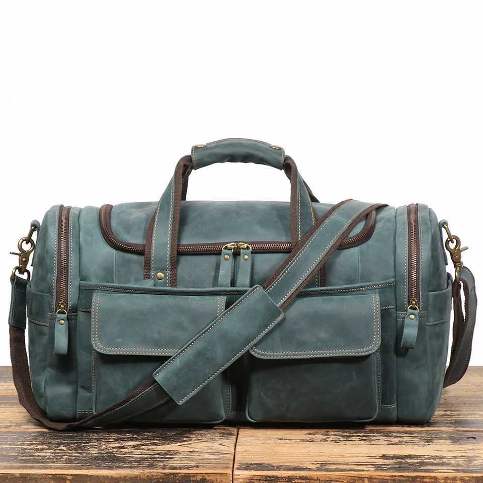 LUOKIR New Crazy Horse Leather Tote Luggage Bag Genuine Leather Mens Shoulder Crossbody Bag Short Trip Cowhide Travel Bag W250618