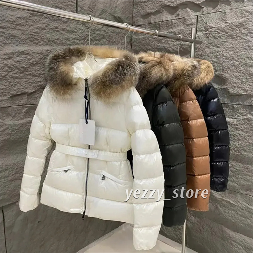 Designer Winter Women's down Jacket Fox Fur collar Embroidered Boed badge Warm Fashion Jacket with Belt Women's cotton coat with large pockets tucked in waist A01