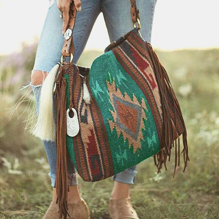 Bohemian Handwoven Fringe Cotton Linen Single Shoulder Large Bag For Women B5
