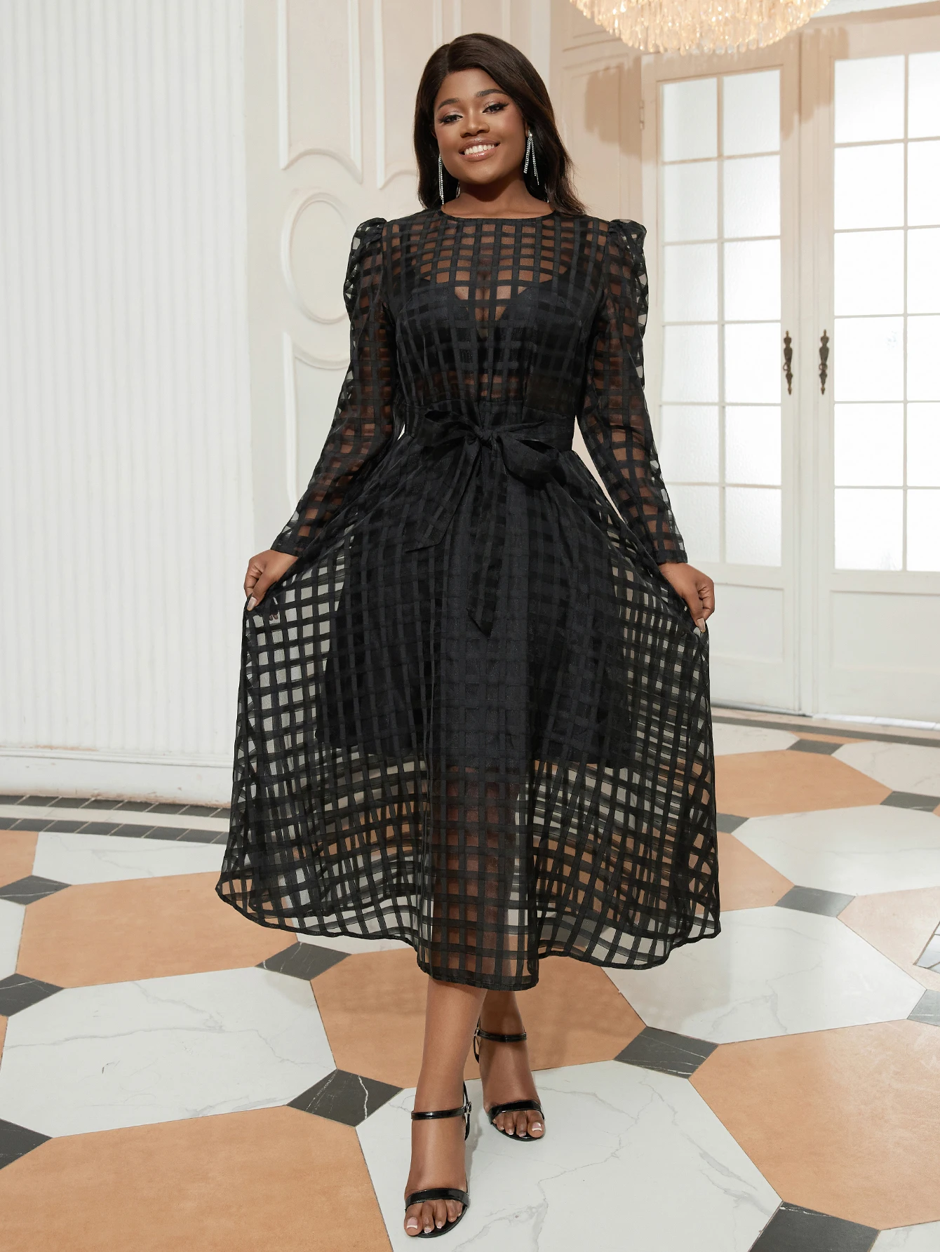 Black Sexy See Through A-line Dress Women's Plus Size Loose Casual Sashes Up Plaid Vacation Prom Party Traval