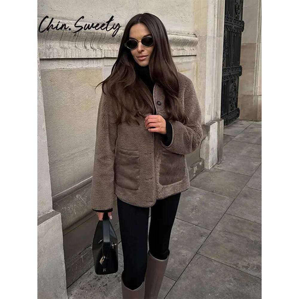 Vintage Lamb Solid Women Coat Casual Full Sleeve Single Breasted Pocket Lady Jacket 2025 Spring Autumn Patchwork Female Overcoat