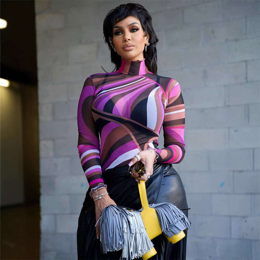 Autumn New Style Elegant Color-Block Stretch High-Neck Slim Fit Mesh See-Through Sexy Hot Girl Long Sleeve Top B5