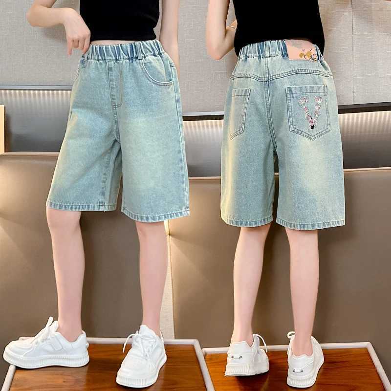 Girls back pocket letter mid-pants fashionable and versatile medium-sized childrens waist wide-leg pants casualC250617