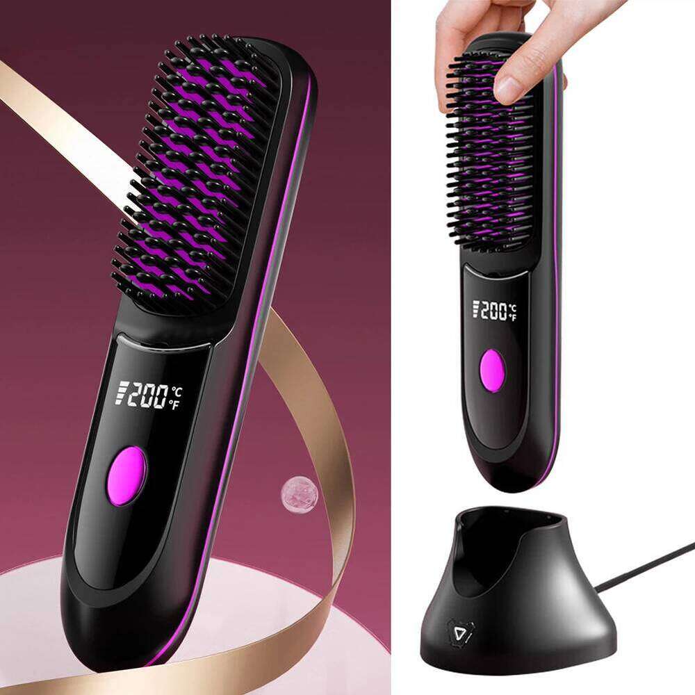 Cordless Ceramic Heated Hot Brush Rechargeable Travel Straightener Portable Straightening Comb for Smooth Frizz-Free Hair