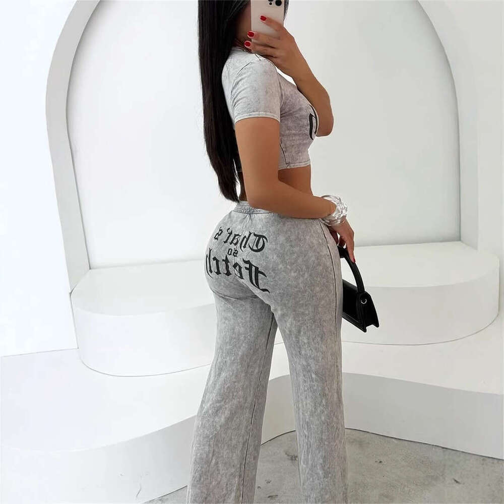 New High Hip Hop Solid Color Street Print Short Sleeve Top And Straight Leg Pants Set For Women B5