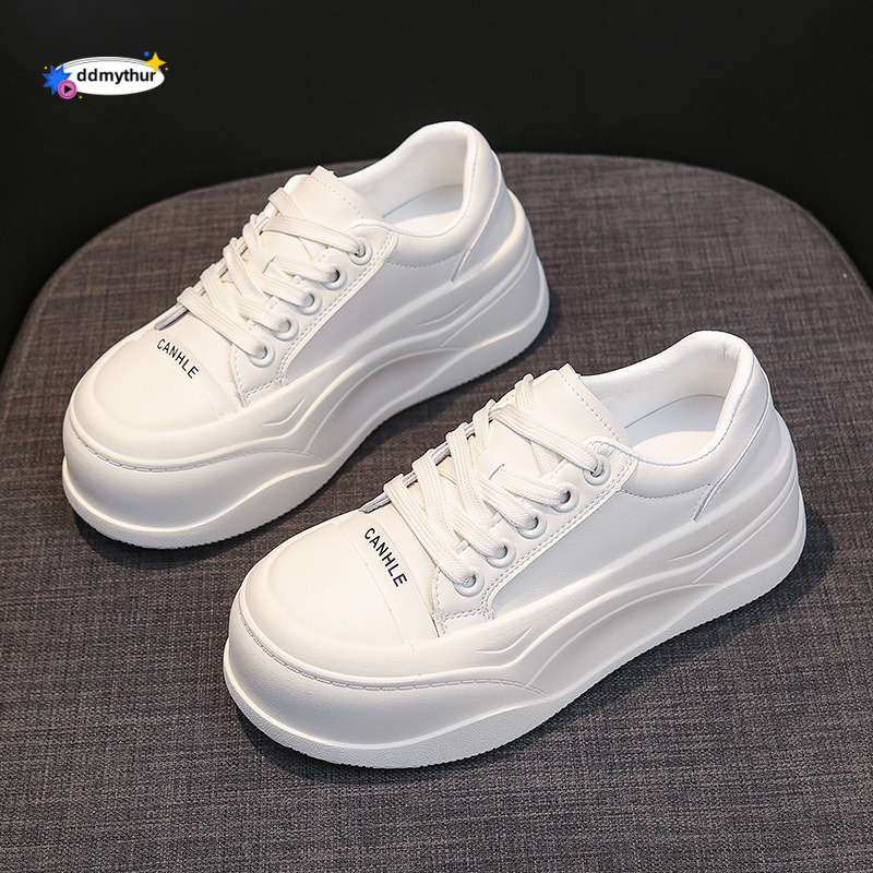 2025 New Style High-End Genuine Leather Thick-Soled Sneakers Height Increasing Versatile Lace-Up White Fashion Casual Shoes for Women ddmythur